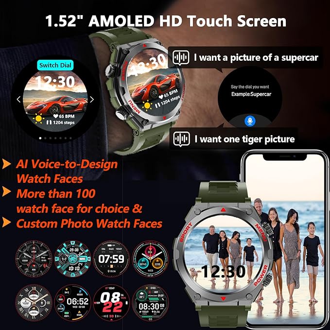 Military Smart Watch for Men With AI Q&A (Answer/Make Call/SMS Reply), 1.52" HD Smartwatch for Android Phones/iPhone, 100+ Sport Mode Fitness Tracker with HR, SpO2, Sleep Monitor, IP68 Waterproof
