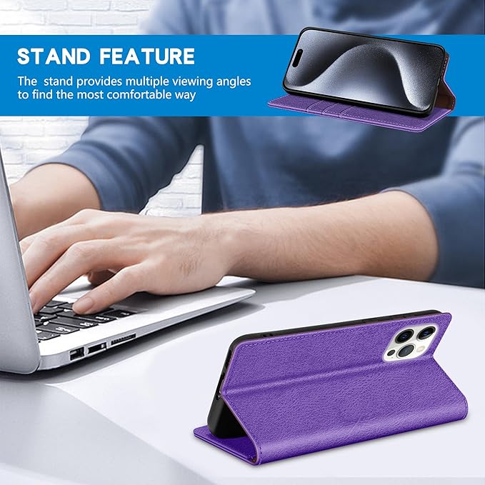 ZZXX for iPhone 15 Pro Wallet Case with [RFID Blocking] Card Slot Stand Strong Magnetic Leather Flip Fold Protective Phone Case for iPhone 15 Pro Case Wallet(Purple-6.1 inch)