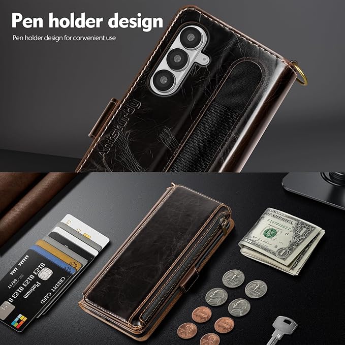 Antsturdy Compatible with Samsung Galaxy Z Fold7 Case Wallet with Card Holder,Z Fold 7 5G Phone Case with Strap Shockproof PU Leather RFID Blocking Flip Cover Credit Card Slots Women Men,Coffee