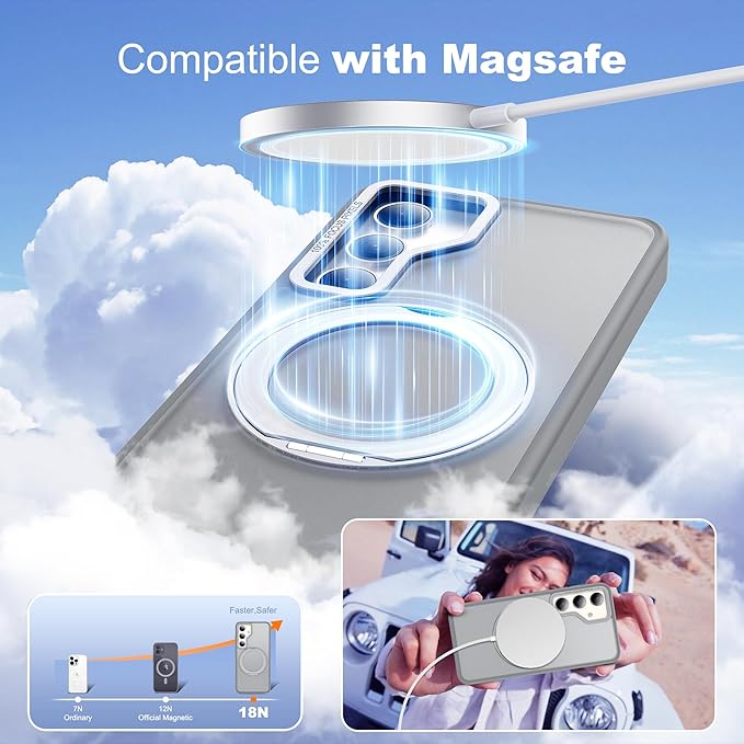 for Samsung Galaxy S25 Case with 360°Rotatable Magnetic Ring Stand Compatible with Mag-Safe Military Protection Shockproof Matte Translucent Phone Cases for Samsung Galaxy S25,Gray