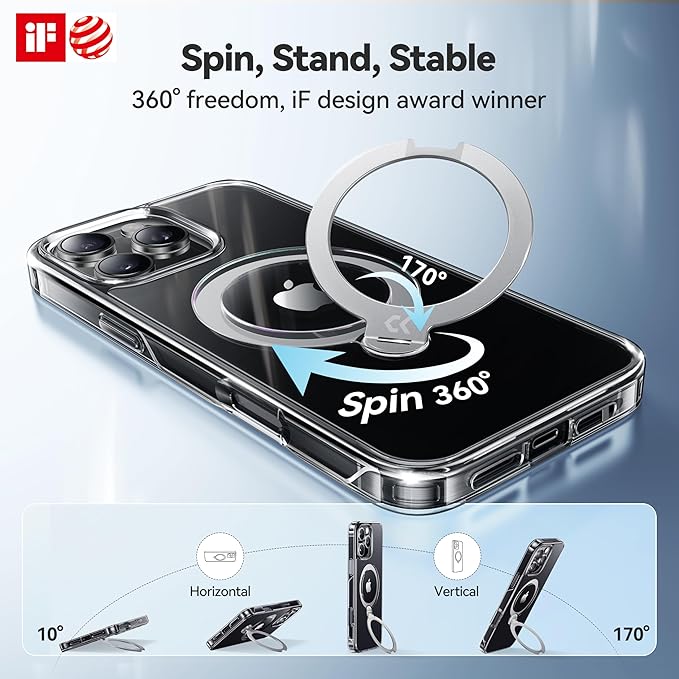 CASEKOO 360 Spin Max Magnetic Titanium Stand for iPhone 16 Pro Case [Fit with Magsafe][16FT Military Protection] [No-Yellow Crystal Clear] Slim 16 Pro Case with Stand 6.3'', Clear