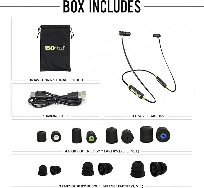 ISOtunes Xtra 2.0 Earplug Earbuds: OSHA Compliant Bluetooth Hearing Protection, 27 dB NRR Sound Isolation, 85 dB Volume Limit, Up to 11 Hour Battery Life, Noise Cancelling Mic