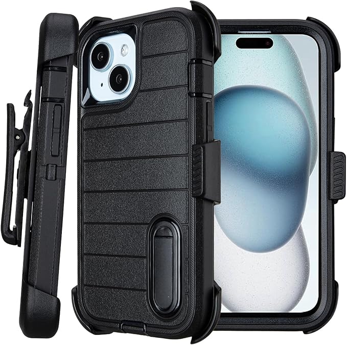 for Black Case iPhone 15 Case with Belt Clip, for Shockproof Case iPhone 15 Heavy Duty,3 Layers of Sturdy,Anti-Drop,Military-Grade Defender Cover for iPhone15Case Black