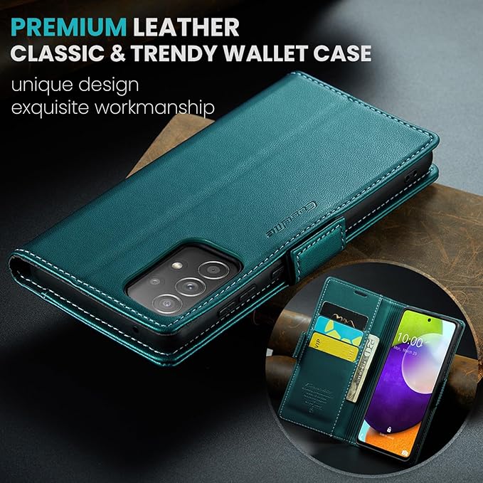for Samsung Galaxy A52 4G/5G Case, Premium PU Leather Wallet Case Flip Cover with [RFID Blocking][Card Holder][Stand Function] for Samsung Galaxy A52 (5G/4G)/A52s 5G, Blue-Green