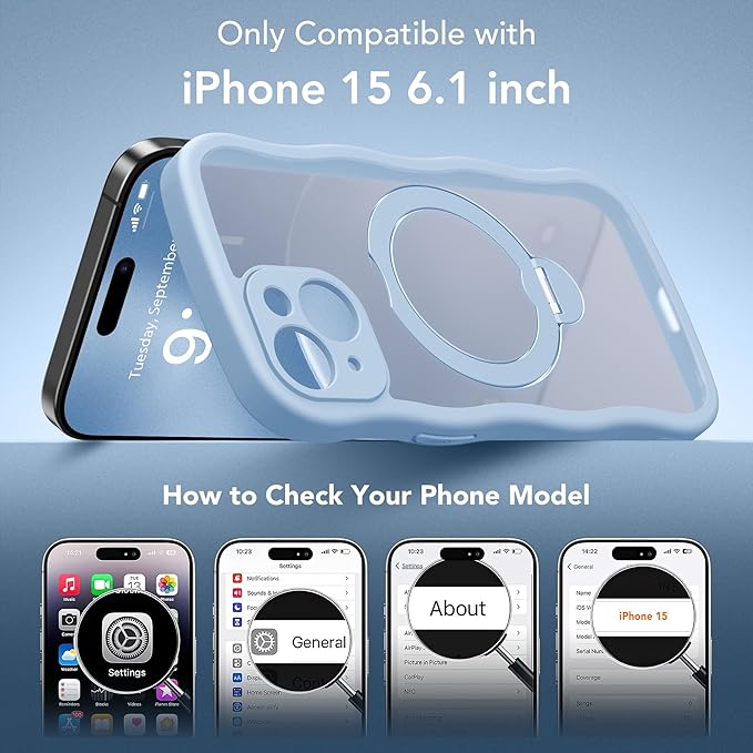 GolbinBox for iPhone 15 Case for Women,[Compatible with Magsafe][360° Spin Magnetic Stand][Cute Wave Edge][Military-Grade Protection] Translucent Matte Phone Case for iPhone 15, Sky Blue
