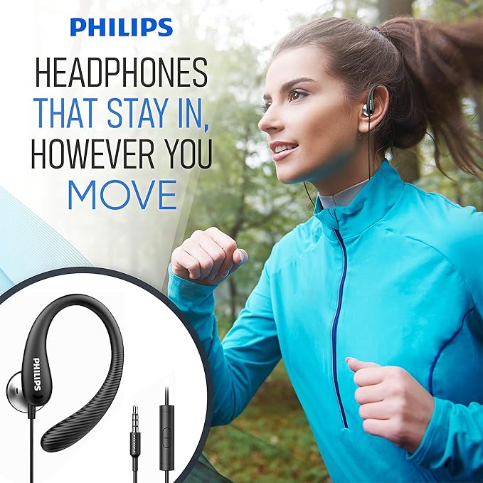 PHILIPS Over The Ear Earbuds, Flexible Wrap Around Earbuds, Around Ear Headphones with Mic Behind The Ear Headphones, Perfect for Sports, Running, Exercise, Gym (Black)