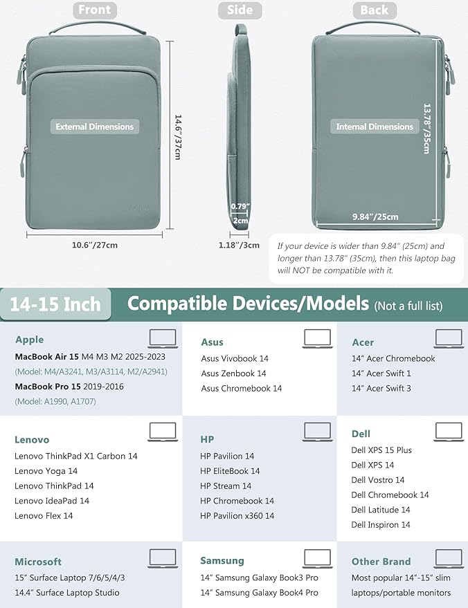 HYZUO 14-15 Inch Laptop Bag Sleeve for MacBook Air 15 M4 M3 M2, MacBook Pro 15, XPS 14/15 Plus, 15" Surface Laptop, Notebook Case for 14" Dell HP Lenovo ThinkPad Asus Huawei, Ash Blue