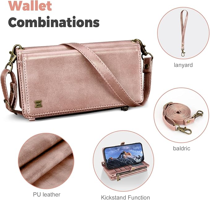 for iPhone 15 Wallet Phone Case with 7 Card Holder,RFID Blocking | PU Leather | Kickstand | Flip | Wrist Strap&Shoulder Strap | Shockproof | Zipper Wallet | Women Men | 6.1" | Rose Gold