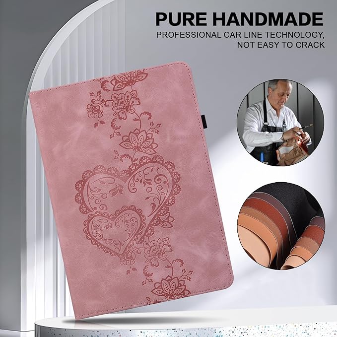 Case for Lenovo Idea Tab Pro 12.7 Inch 2025, Embossed Heart PU Leather Protective Tablet Case with Elastic Band & Card Slots/Holder, Multi-Angle Viewing Stand Cover ，Pink
