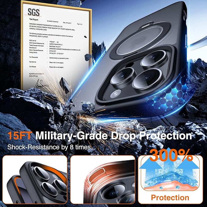 360° O-Ring MagStander for iPhone 15 Pro Max Case with Magnetic Kickstand Ring Holder [Compatible with MagSafe][360°Rotate Stand][Military Shockproof] iPhone 15 Pro Max Phone Cover Black