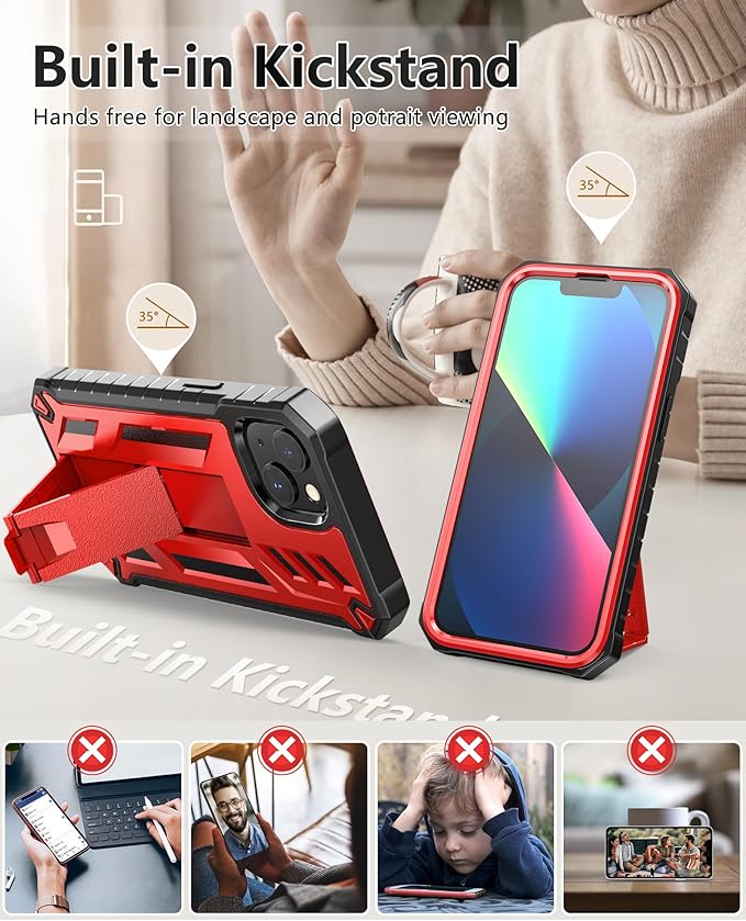for iPhone 13/14 Protective Case: for iPhone 16e Cover with Built-in Kickstand | Heavy Duty Military Grade Hard Protection Shock Proof | Durable Dual-Layer Design Red