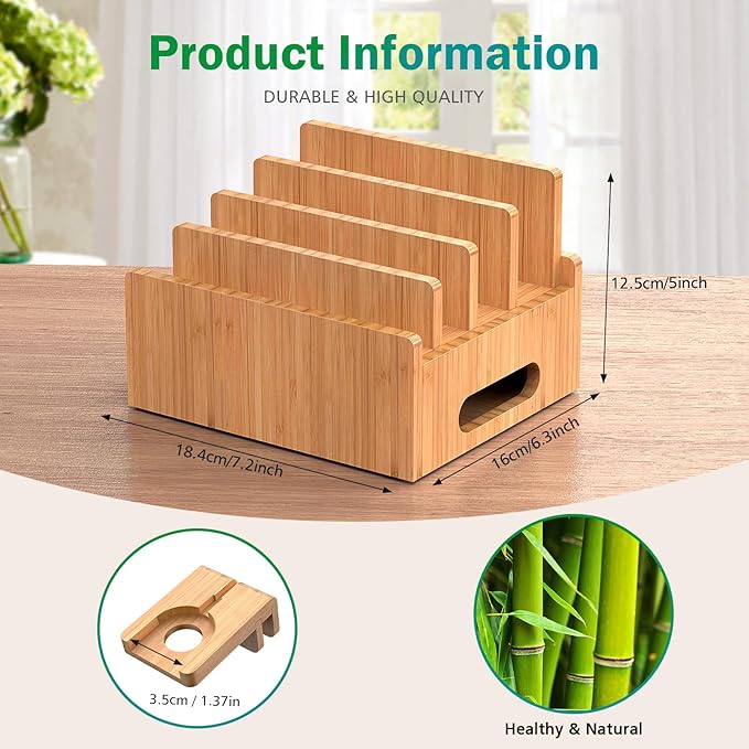 Pezin & Hulin Bamboo Charging Station for Multiple Devices with 5 Port USB Charger, 5 Cables, Smart Watch & Earbuds Stand, Desk Docking Stations Electronic Organizer for Cell Phone, Tablet