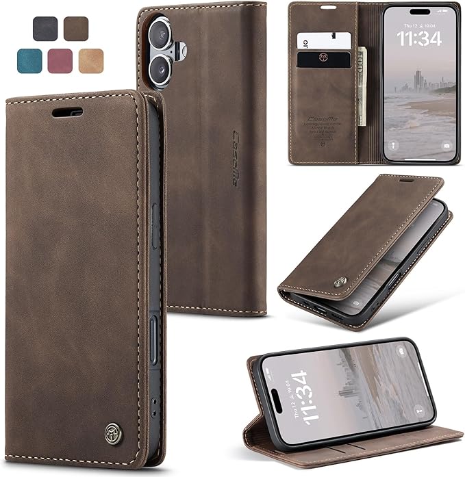 for iPhone 16 Plus Case, Flip Wallet Leather Case with Card Holder Magnetic Closure Shockproof Kickstand Protective Phone Cases Cover for iPhone 16 Plus, Coffee
