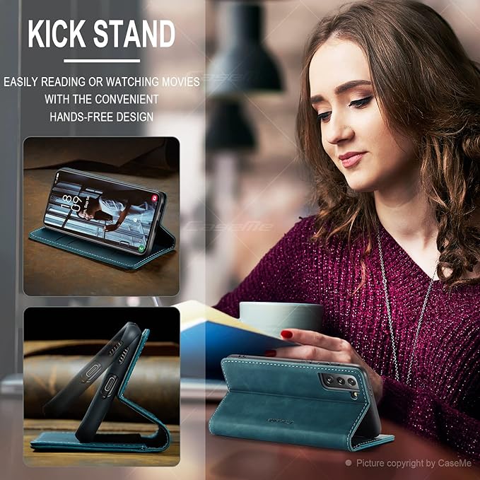 for Samsung Galaxy S21 Case, Flip Wallet Leather Case with Card Holder Magnetic Closure Shockproof Kickstand Protective Phone Cases Cover for Samsung S21,Blue-Green