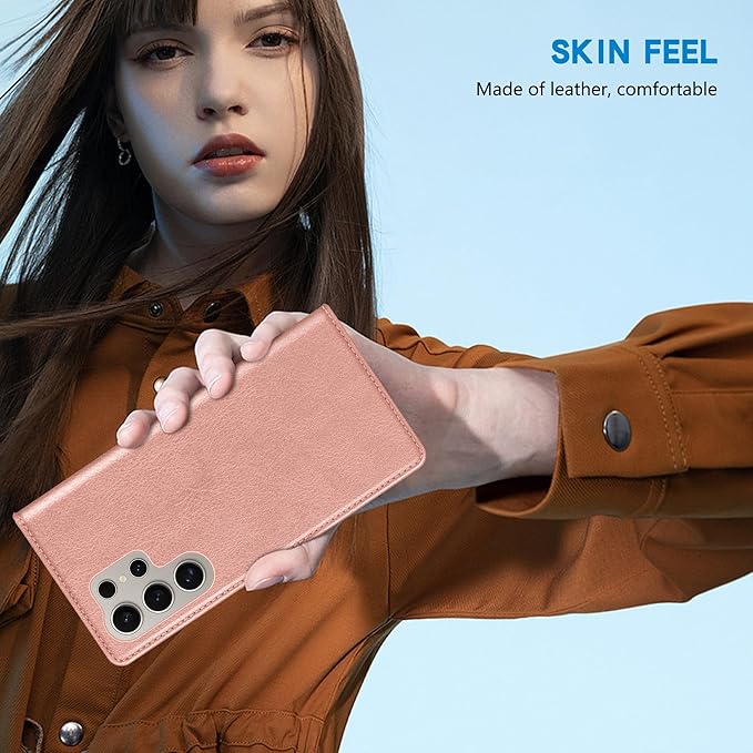 ZZXX for Samsung Galaxy S25 Ultra Wallet Case with [RFID Blocking] Card Slot Stand Strong Magnetic Leather Flip Fold Protective Phone Case for Samsung Galaxy S25 Ultra Case Wallet(Rose Gold-6.8 inch)