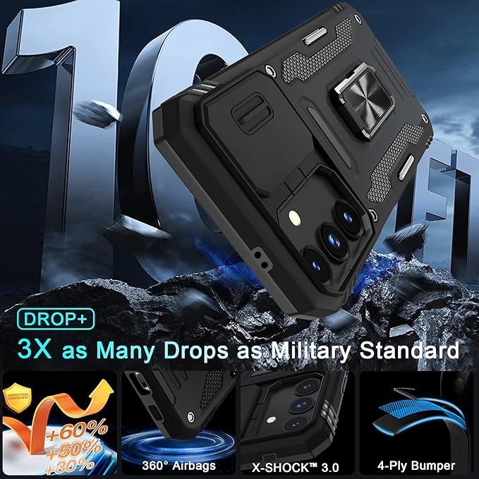 DEERLAMN Case for Samsung Galaxy S24 FE 6.7-Inch with Slide Camera Cover+Screen Protector(1 Pack), Rotated Ring Kickstand Military Grade Shockproof Protective Cover-Black