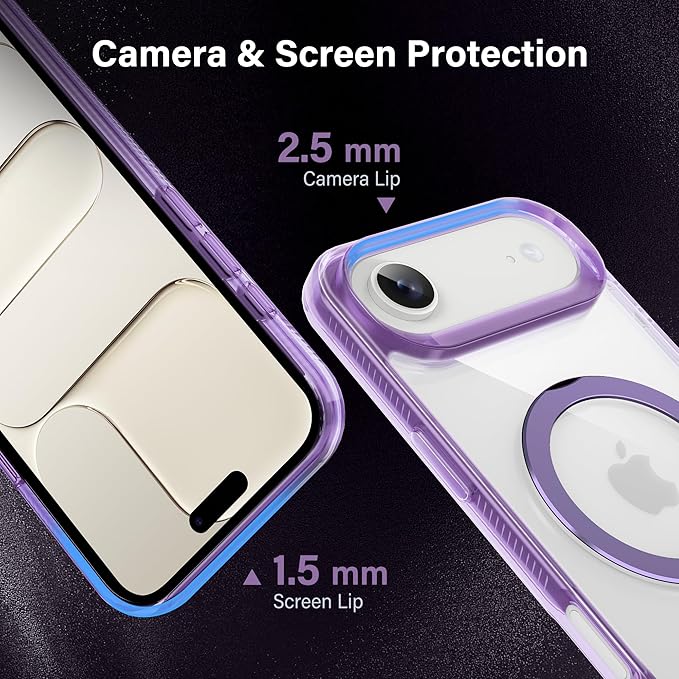 Magnetic Case for iPhone Air - [Built-in Invisible Stand] [Compatible with MagSafe] [Military Grade Drop Protection] Anti-Yellowing Hard Back Silicone Edge Cover, 6.5", Clear Purple