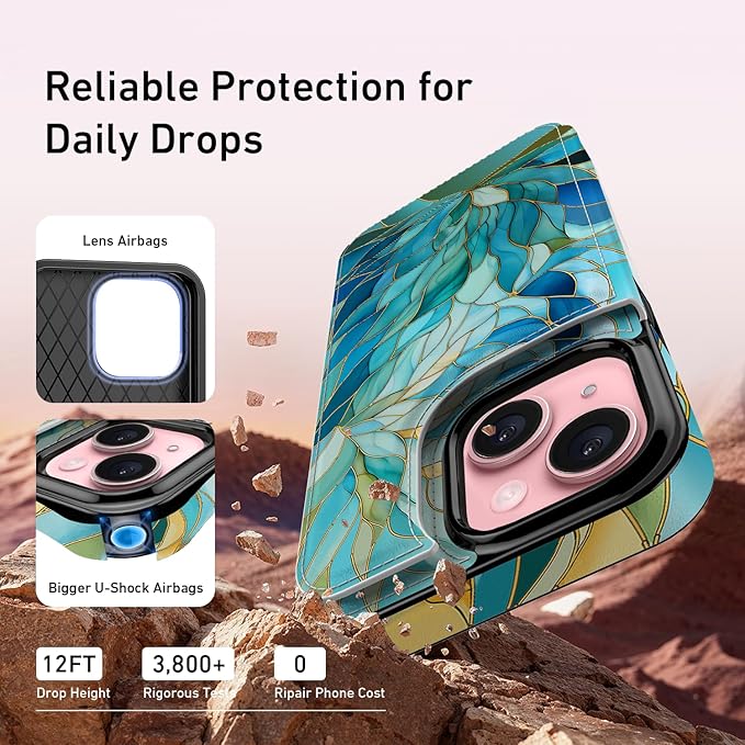 FUNMIKO for iPhone 15 Wallet Case with Card Holder, RFID-Blocking, Military-Grade Protection & UV-Printed Artwork, Magnetic Closure with Leather Kickstand - Sleek Cyan Leaf