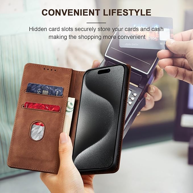 Jasonyu Flip Wallet Case for iPhone 15 Pro Max,Leather Magnetic Folio Cover with Card Holder,Kickstand - TPU Shockproof Durable Protective Phone Case,Brown