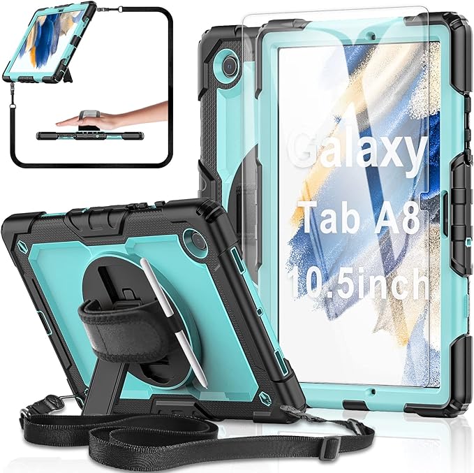 Tablet Case for Samsung Galaxy Tab A8 10.5-inch 2022 SM-X200/X205/X207, [with Tempered Glass Screen Protector],360° Rotating Kickstand/Hand & Shoulder Strap/S Pen Holder (SkyBlue)