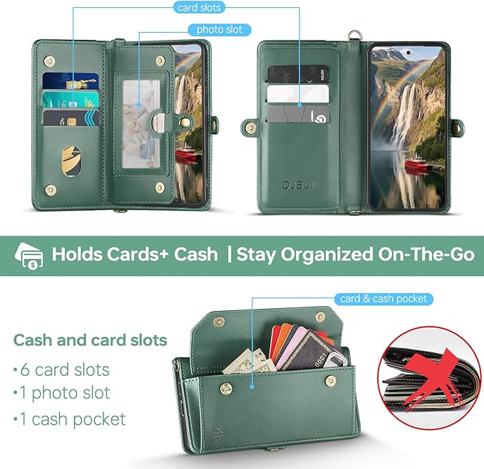 DJBull for Samsung Galaxy S25 Wallet Case with Card Holder, Shoulder and Wristlet Straps, Soft PU Leather, Magnetic Snap, Flip Phone Case for Women Men for Samsung S25 Green