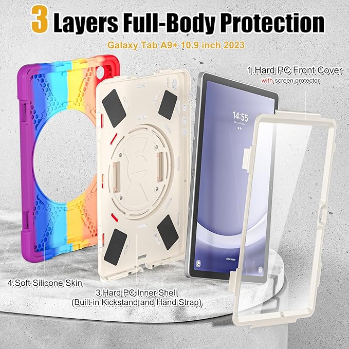 BRAECNstock Kids Case for Samsung Galaxy Tab A9+ Plus 11 inch (SM-X210/X216/X218) Shockproof Protective Case with Screen Protector Pen Holder [Rotating Hand Strap+Stand], Colorful Red