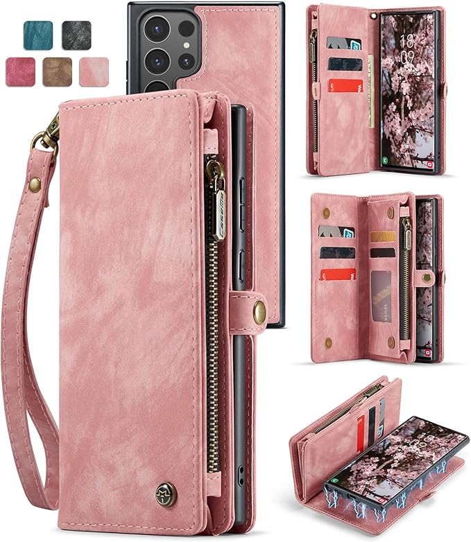 SZHAIYU 2 in 1 Detachable for Samsung Galaxy S25 Ultra Wallet Case with Card Holder, Retro Premium Flip Leather Cover Magnetic Zipper Pocket Phone Cases 6.8'' (Pink, S25 Ultra)
