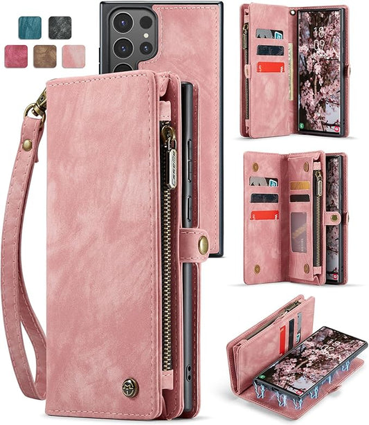 SZHAIYU 2 in 1 Detachable for Samsung Galaxy S25 Ultra Wallet Case with Card Holder, Retro Premium Flip Leather Cover Magnetic Zipper Pocket Phone Cases 6.8'' (Pink, S25 Ultra)