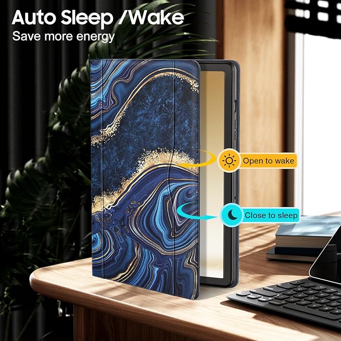 OKP Case for Samsug Galaxy Tab A9+ Plus 11 inch 2024(SM-X210/X216/X218), PU Leather Folio Cover with Multi-Angle Stand//Pen Holder, Auto Wake/Sleep Case for Galaxy A9+ 11" Tablet (Marble Oceanblue)