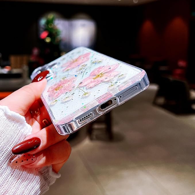 Compatible with Samsung Galaxy S24 Plus Case Cute Pressed Dried Real Flowers Design Women Girly Shockproof Hard PC+ TPU Bumper Floral Phone Cover for Galaxy S24 Plus (Light Pink)