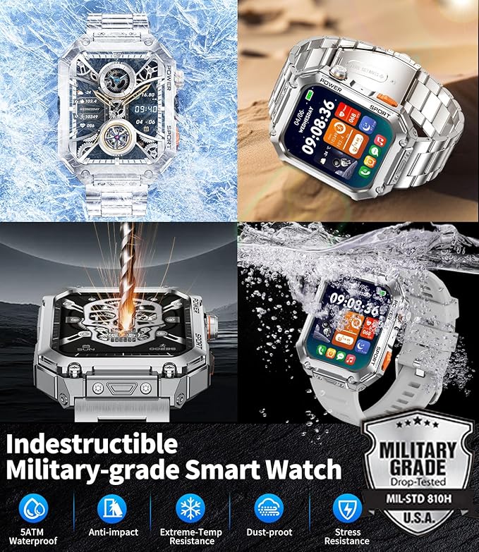 LIGE Military Smart Watches for Men, 1.96'' HD Screen with Answer Make Call Smart Watch for iOS Android Phone, Fitness Tracker with Heart Rate/Sleep Monitor, 5ATM Waterproof, Silver