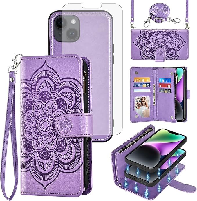 Asuwish Phone Case for iPhone 14 6.1 inch Zipper Wallet Detachable Cell Cover with Tempered Glass Screen Protector Crossbody Strap Flower Card Holder Slot iPhone14 5G i i-Phone i14 14Case Women Purple