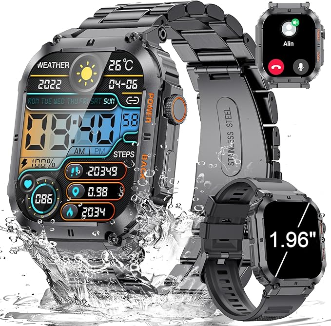 LIGE Military Smart Watches for Men with (Answer/Make Calls),400mAh Large Battery,1.96’’ DH,5ATM Waterproof Smartwatch,120+Sport Modes Heart Rate/Sleep Monitor for Android iOS Black