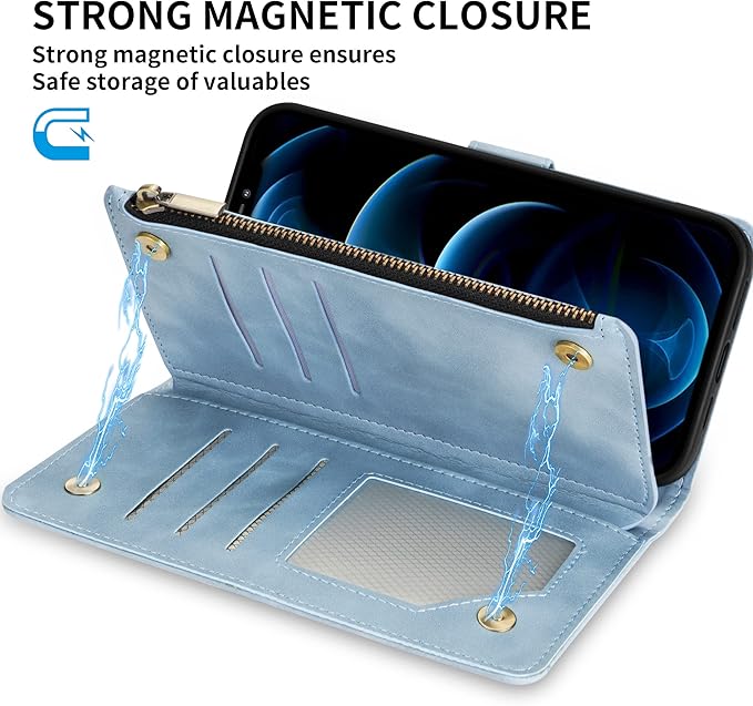 ZZXX for iPhone 12 Pro Max Wallet Case with Card Slot Premium Soft PU Leather Zipper Flip Folio Wallet with Wrist Strap Kickstand Protective for iPhone 12 Pro Max Case Wallet(Light Blue 6.7 inch)