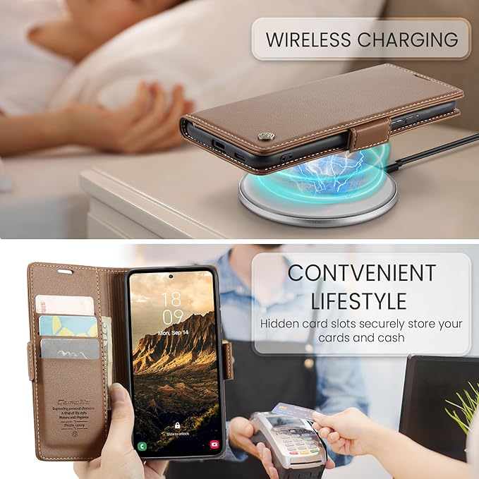 AUPAI for Samsung Galaxy S23 Wallet Case with Credit Card Holder, PU Leather RFID Blocking Folio Flip Kickstand Magnetic Clasp Protective Phone Cover for Women Men Brown