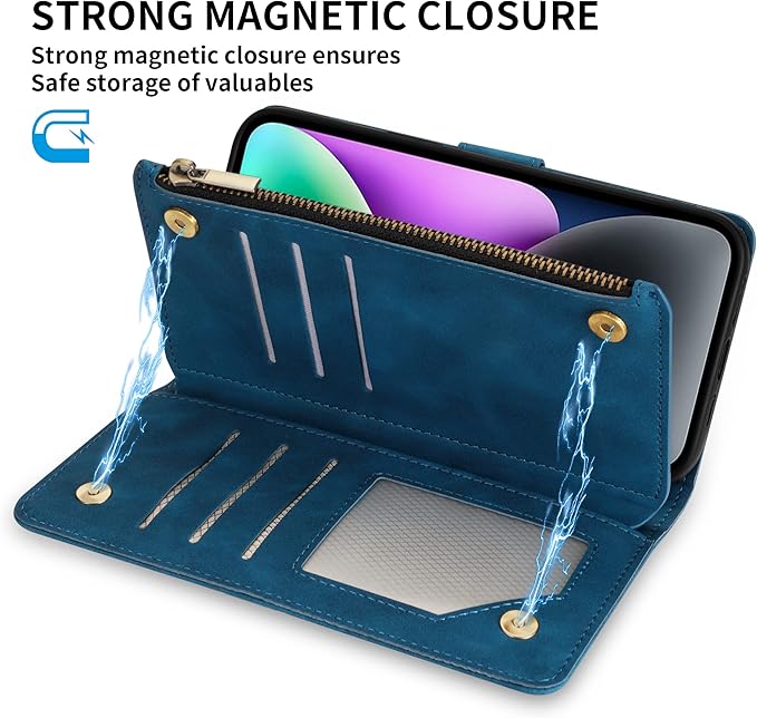 ZZXX for iPhone 14 Case Wallet with [RFID Blocking] Card Slot Premium Soft PU Leather Zipper Flip Folio with Wrist Strap Kickstand Protective Phone Cover for iPhone 14 Wallet Case(Blue-6.1 inch)