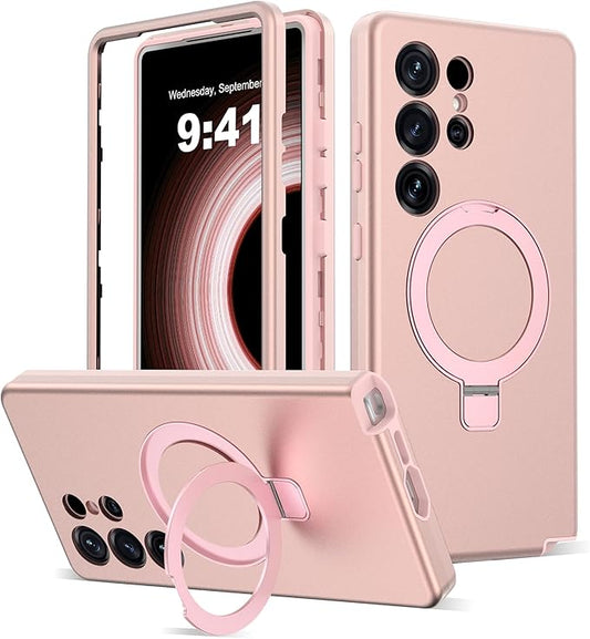 Designed for Samsung Galaxy S25 Ultra Case with Magnetic Ring Stand [Compatible with Mag-Safe][Military Grade Drop Protection][Build in Kickstand] S25 Ultra Phone Case 6.9",Rose Gold