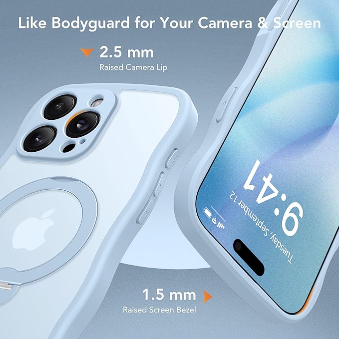 GolbinBox for iPhone 16 Pro Case for Women,[Compatible with Magsafe][360° Spin Magnetic Stand][Cute Wave Edge][Military-Grade Protection] Translucent Matte Phone Case for iPhone 16 Pro, Baby Blue