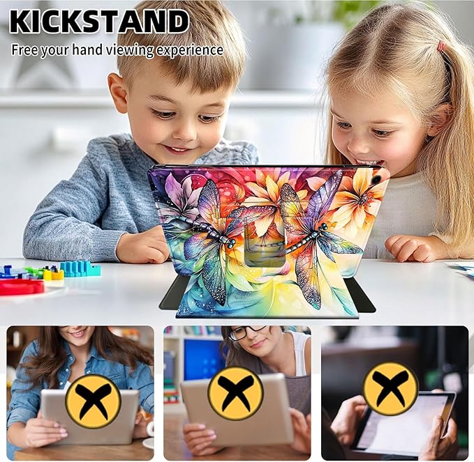 Case for Samsung Galaxy Tab A9+/A9 Plus 11 Inch 2023 Tablet Case, 360 Degree Rotating Folio Stand Smart Cover for Galaxy Tab A9+ Tablet SM-X210/X216/X218, Auto Sleep/Wake, Dragonflies Flowers