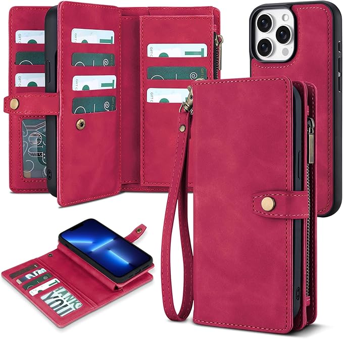 TwoHead for iPhone 13 Pro Wallet Case with Card Holder & Detachable Magnetic Phone Case, PU Leather Shockproof Protective Cover,Wrist Strap(6.1 in,Wine Red)