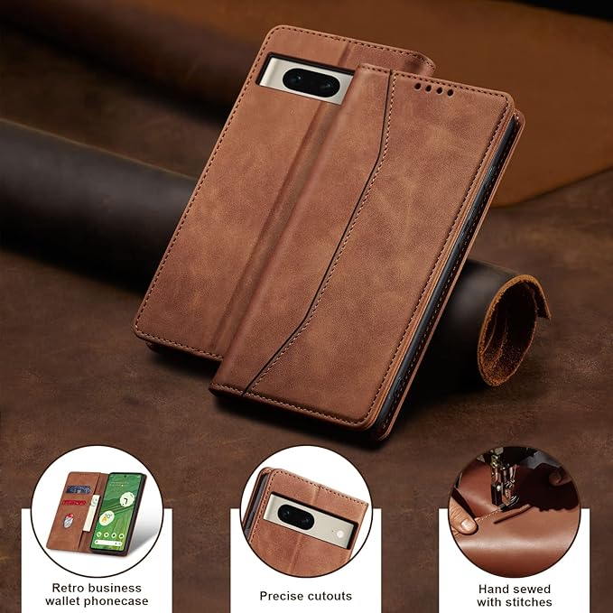 Jasonyu Flip Wallet Case for Google Pixel 7 5G,Leather Magnetic Folio Cover with Card Holder,Kickstand - TPU Shockproof Durable Protective Phone Case,Brown