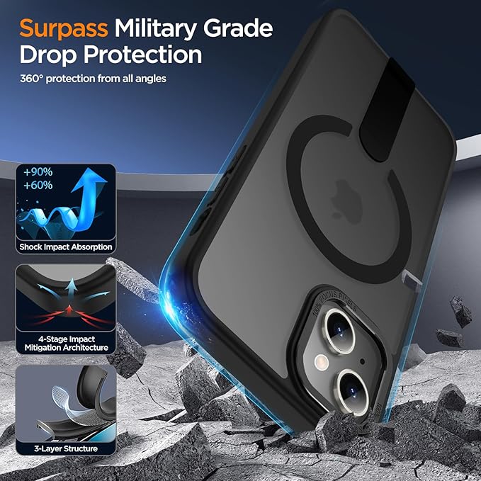 for iPhone 14 Case with Kickstand, Compatible with MagSafe, [Invisible Stand] Anti-Slip Shockproof Military-Grade Protection, Magnetic Slim Translucent Phone Case for iPhone 14 (Black)