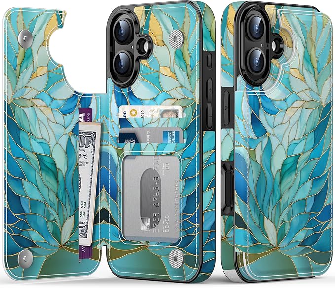 FUNMIKO for iPhone 16 Wallet Case with Card Holder, RFID-Blocking, Military-Grade Protection & UV-Printed Artwork, Magnetic Closure with Leather Kickstand - Sleek Cyan Leaf