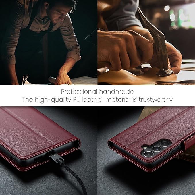 AUPAI for Samsung Galaxy S23 FE Wallet Case with Credit Card Holder, PU Leather RFID Blocking Folio Flip Kickstand Magnetic Clasp Protective Phone Cover for Women Men Wine Red