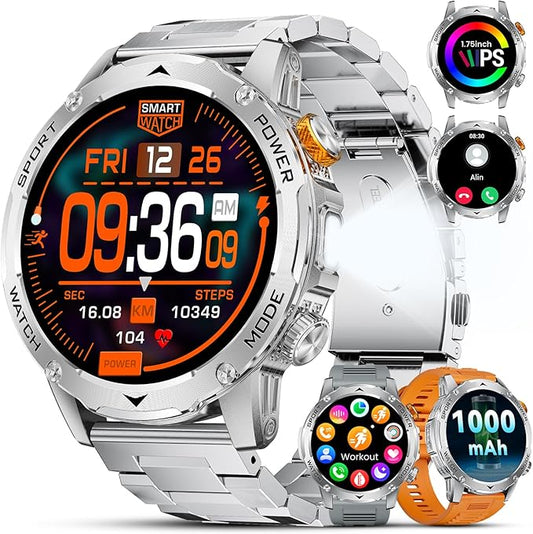 Military Smart Watches for Men(3 Bands),1000mAh/1.75" HD Large Screen Smartwatch, Flashlight/110+ Sports Modes/IP68 Waterproof/Sleep Monitor Fitness Tracker Watch for Android iOS, Silver