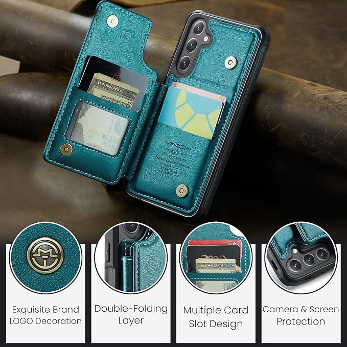 Vinich for Samsung Galaxy S25 Wallet Case with Card Holder, RFID Blocking Credit Slots Kickstand Shockproof Phone Cover for Women Men, Bluish Green