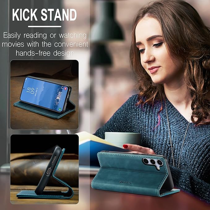 for Samsung Galaxy S25 FE Case, Flip Wallet Leather Case with Card Holder Magnetic Closure Shockproof Kickstand Protective Phone Cases Cover for Galaxy S25 FE, Blue-Green