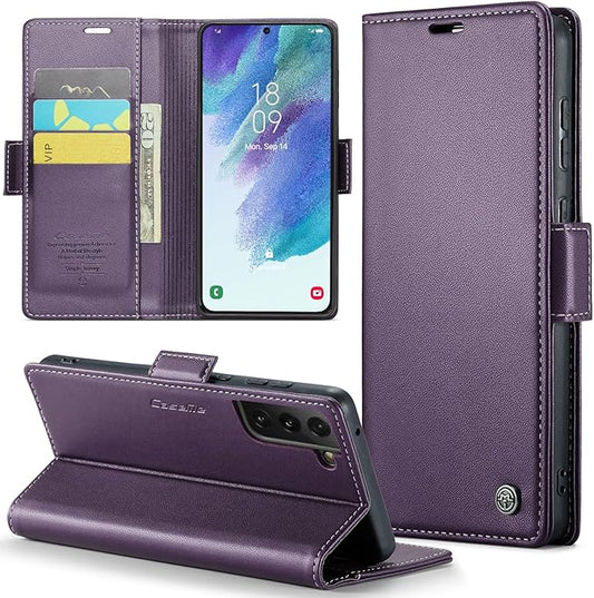 Case for Samsung Galaxy S21 FE Wallet Case, RFID Blocking PU Leather Flip Folio Cover Card Holder Kickstand Shockproof Phone Case Compatible with Samsung Galaxy S21 FE, Purple