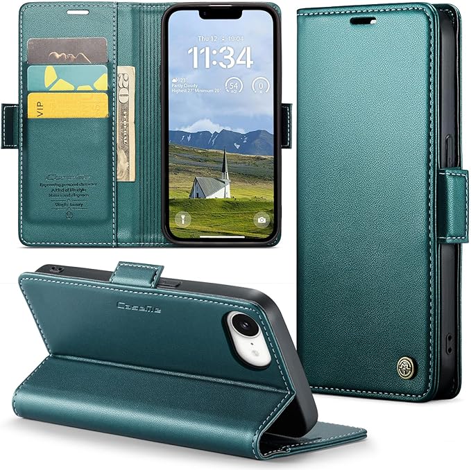 for Apple iPhone 16e Case, Premium PU Leather Wallet Case Flip Cover with [RFID Blocking][Card Holder][Stand Function] Shockproof Protective for iPhone 16E 6.1", Blue-Green