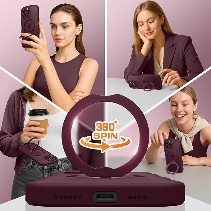 GolbinBox for iPhone 16 Pro Max Case for Women,[Compatible with Magsafe][360° Spin Magnetic Stand][Cute Wave Edge][Military-Grade Protection]Translucent Matte Phone Case for iPhone 16 ProMax, Wine Red